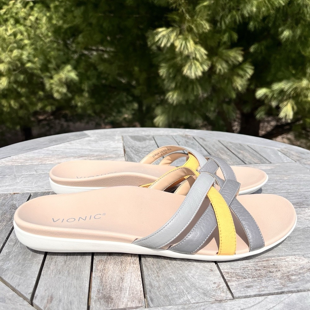 Vionic Dava Sandal Womens Size 8.5 Orthotic Strappy Slide Gray Yellow Orange